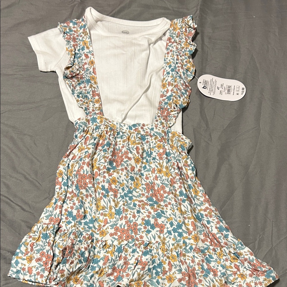 Floral ruffle skirt with white shirt.